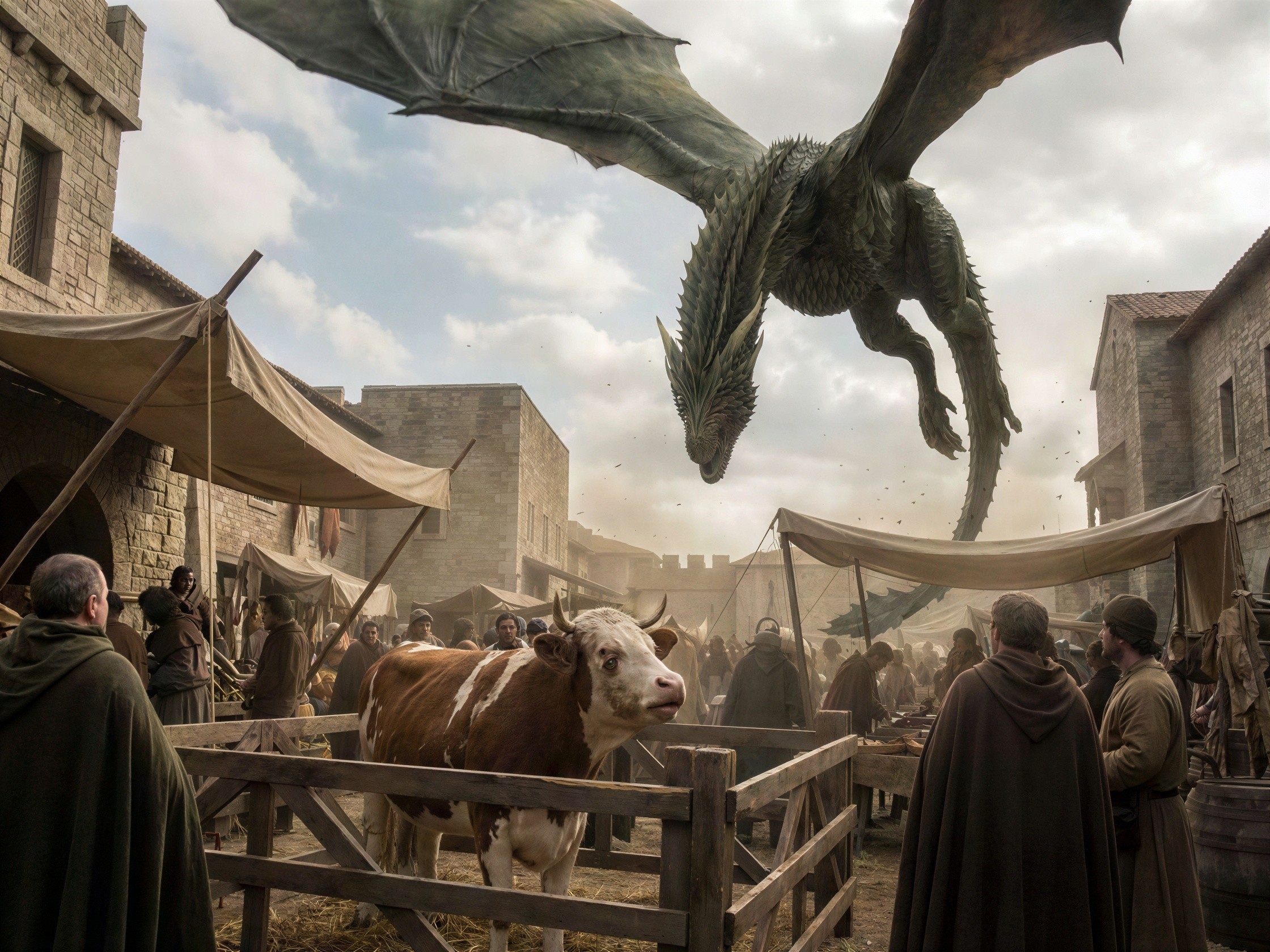 Medieval Market Square with Dragon Overhead and Crowds