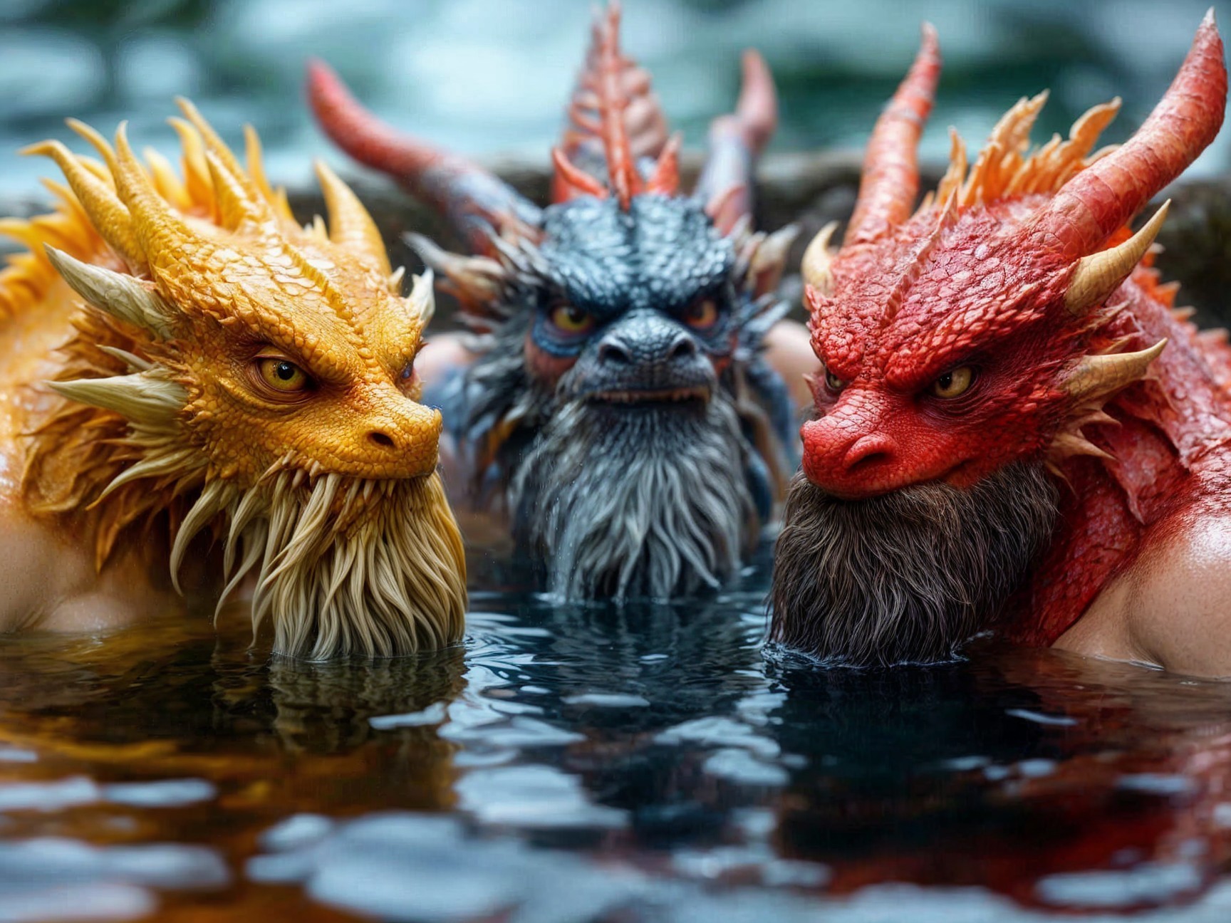 Intricately Detailed Dragon Figures in Water Setting
