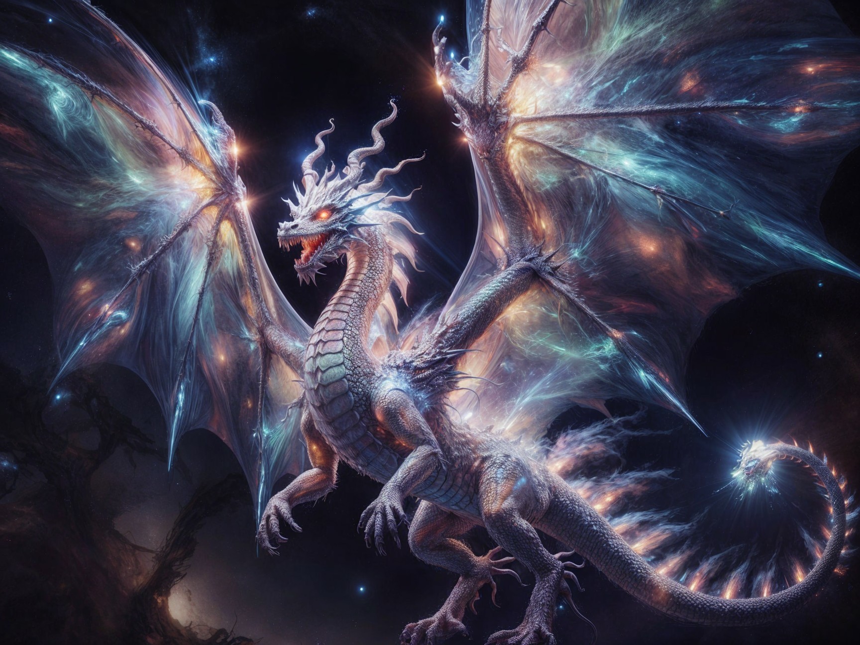 Majestic dragon soaring through a cosmic starry sky