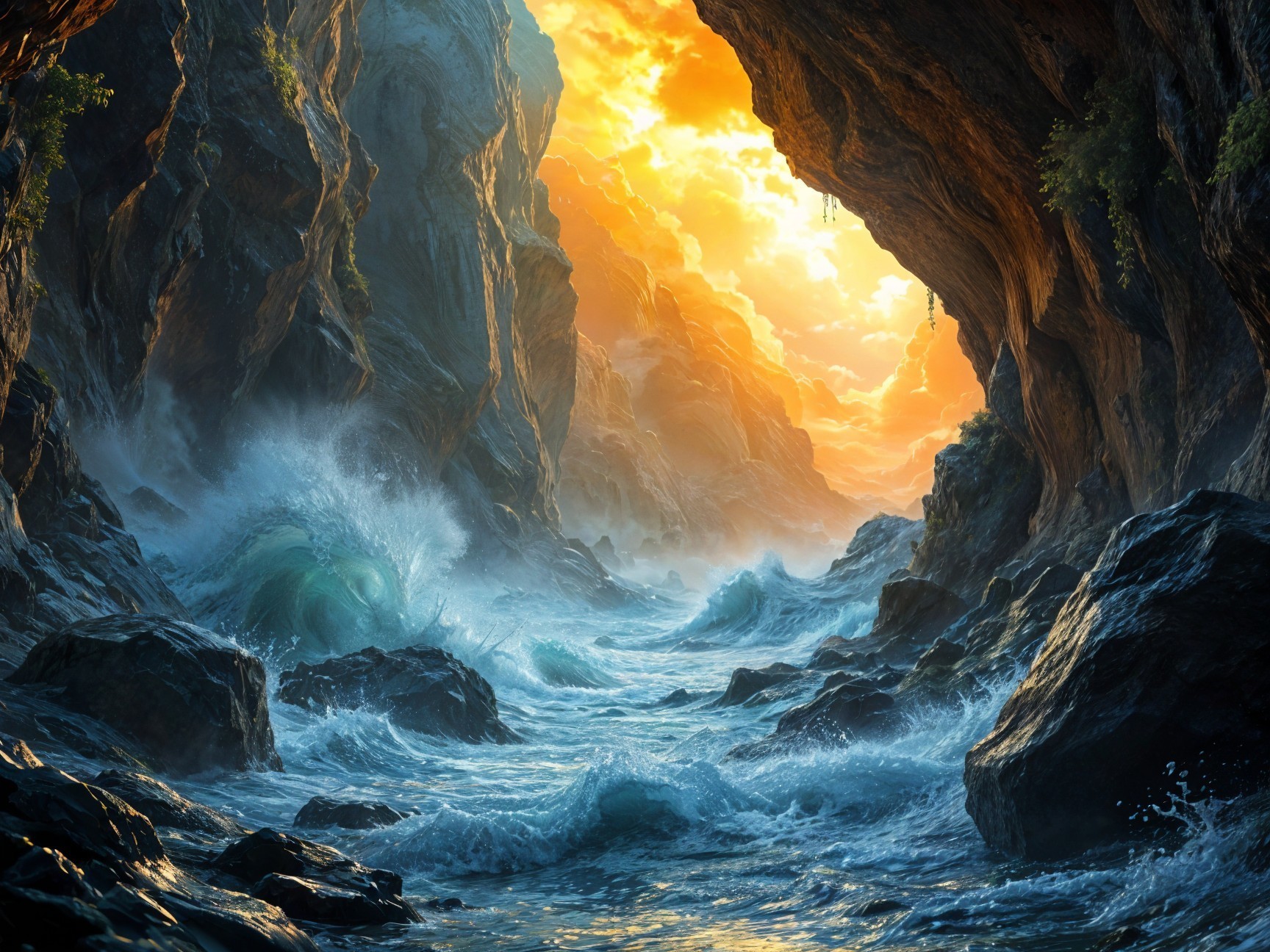 Dramatic Coastal Scene in a Rocky Cavern