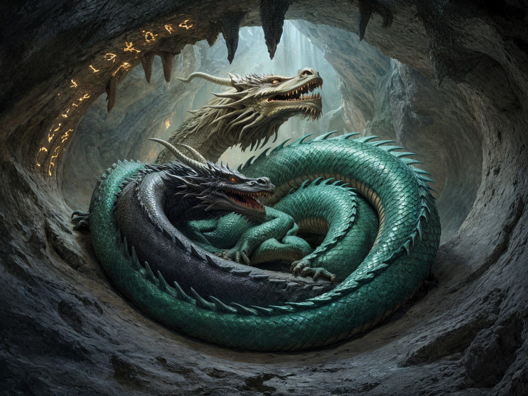 Dragons Dance in a Mystical Cavern with Glowing Runes