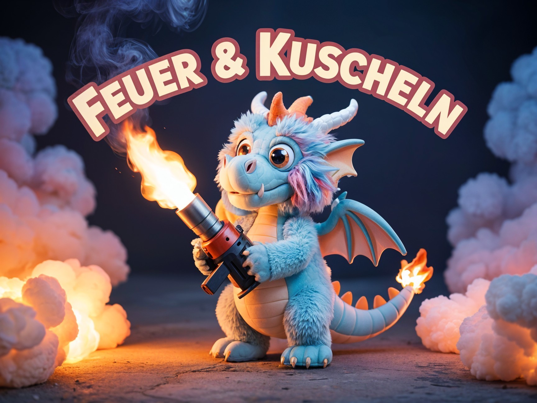 Fluffy Blue Dragon Character with Whimsical Weapon