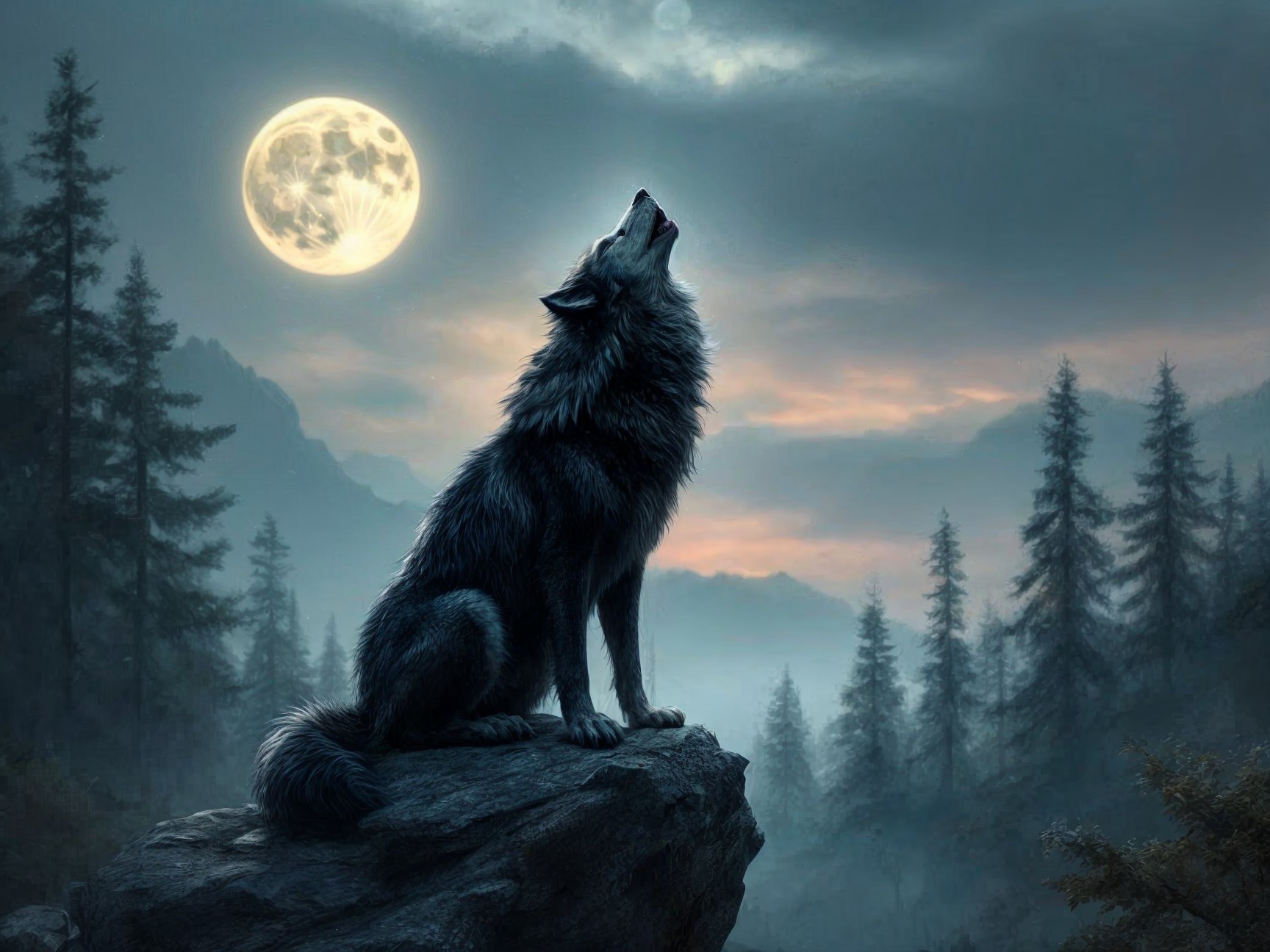 Wolf Howling at Full Moon in Misty Landscape