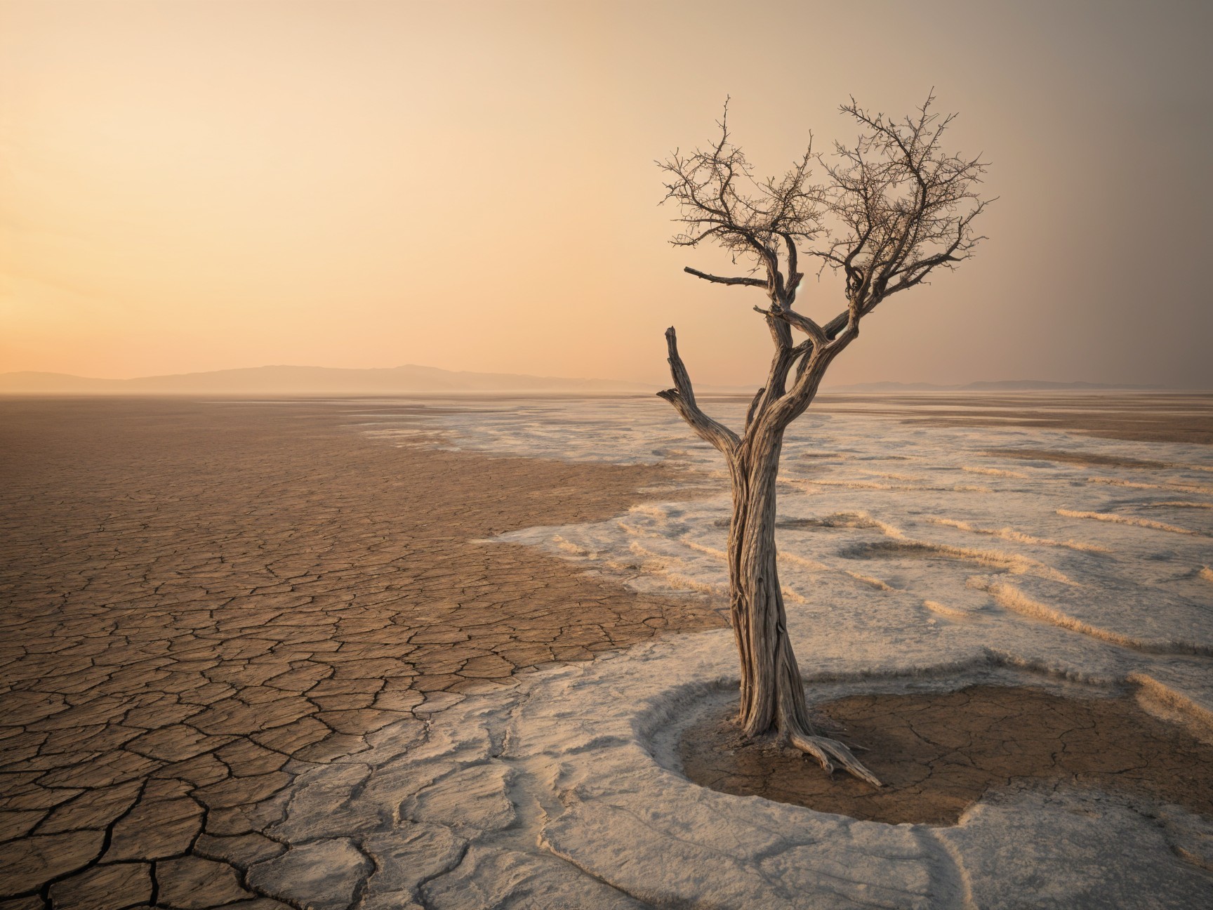 Gnarled Tree in Barren Landscape at Sunset