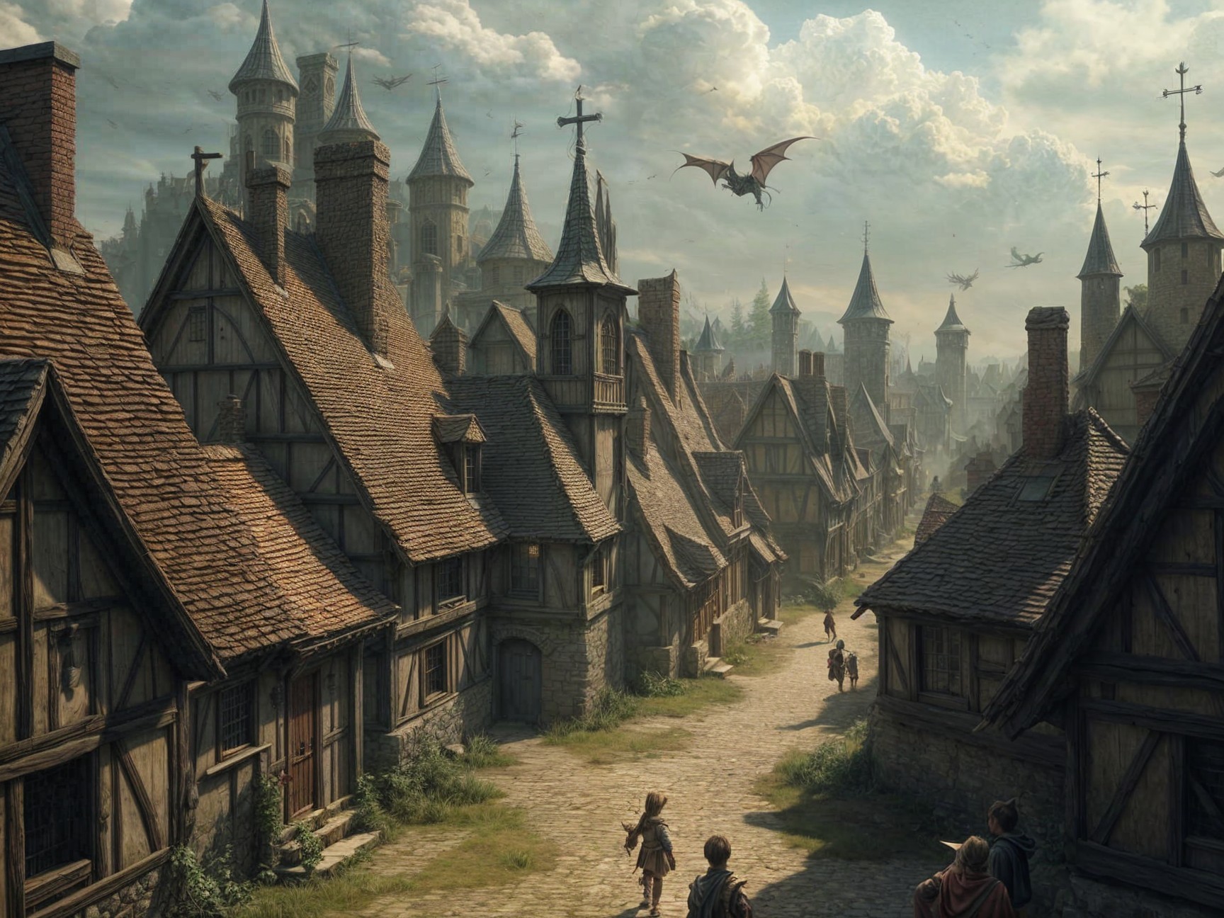 Medieval Village with Rustic Houses and Dragons