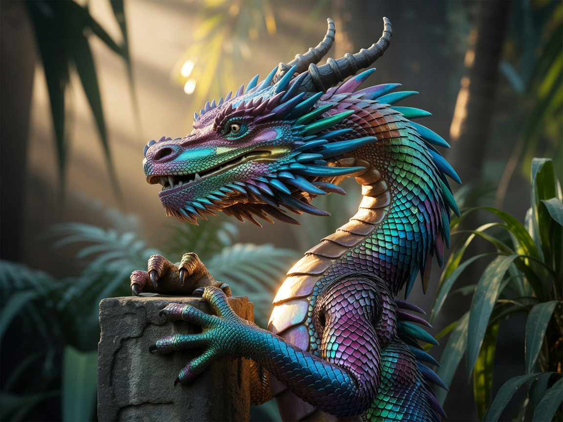 Vibrant Multicolored Dragon on Rocky Pedestal