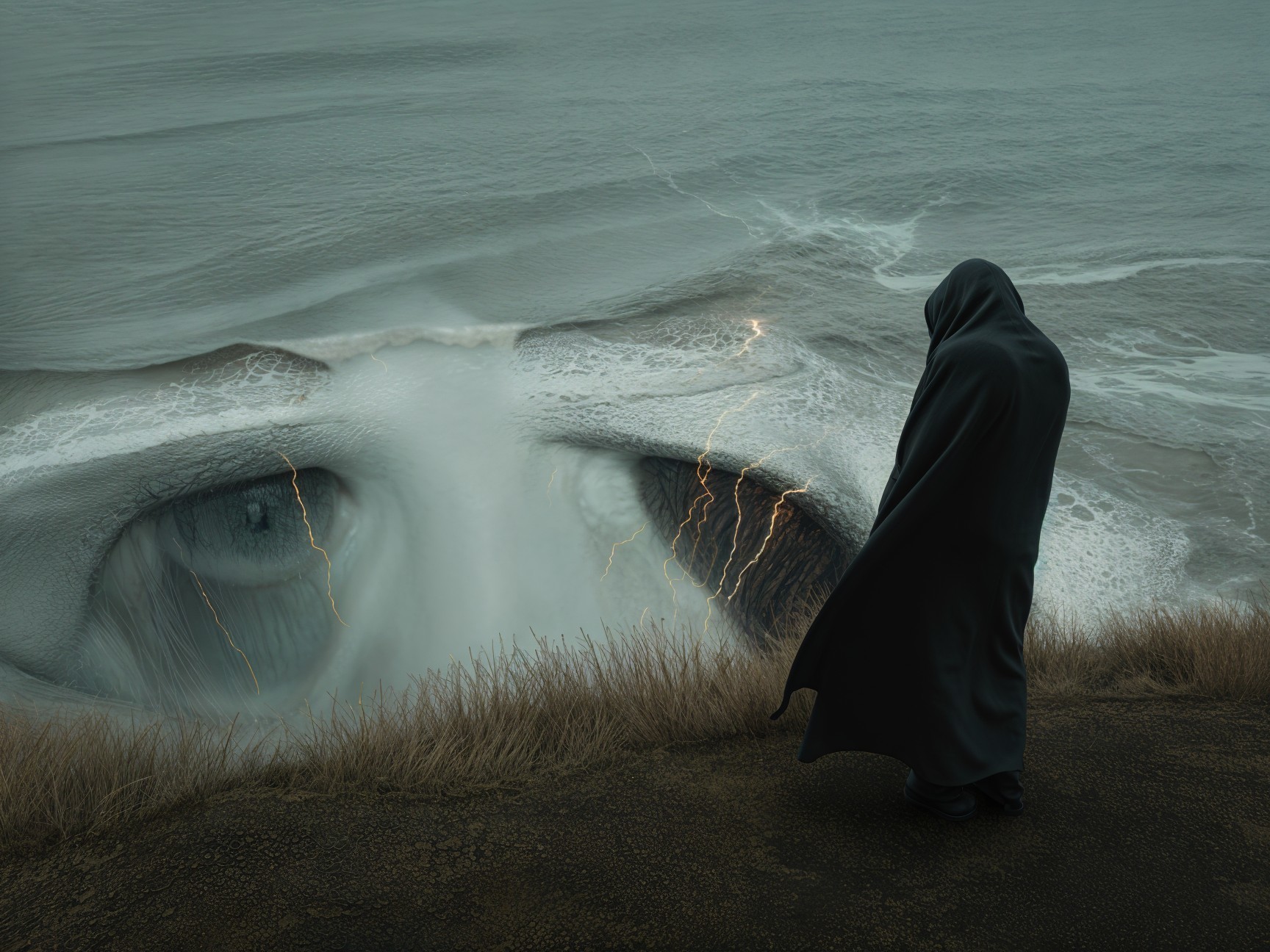 Cloaked Figure Overlooking Stormy Ocean with Eye
