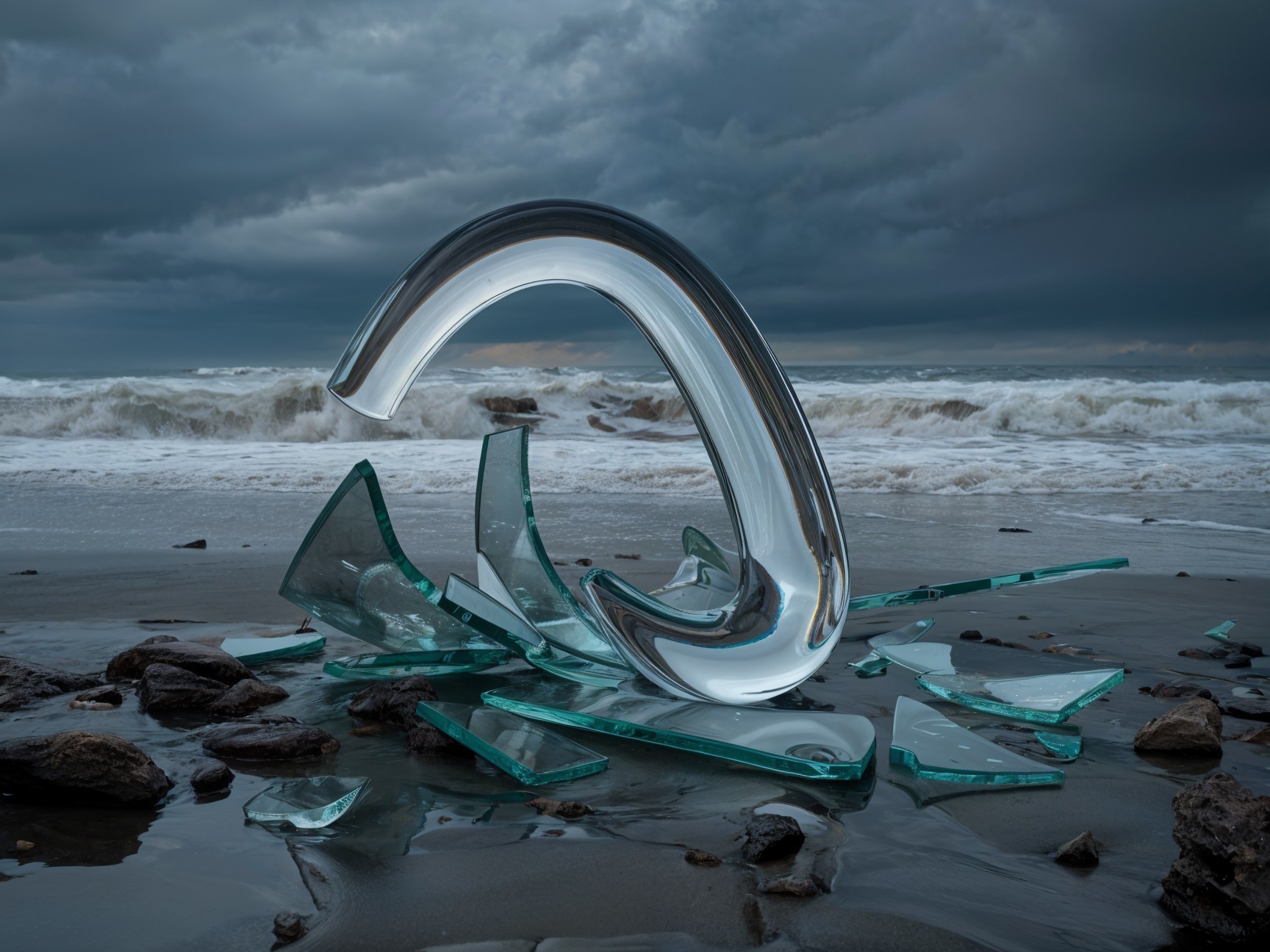 Glass Sculpture on a Sandy Beach with Shattered Shards