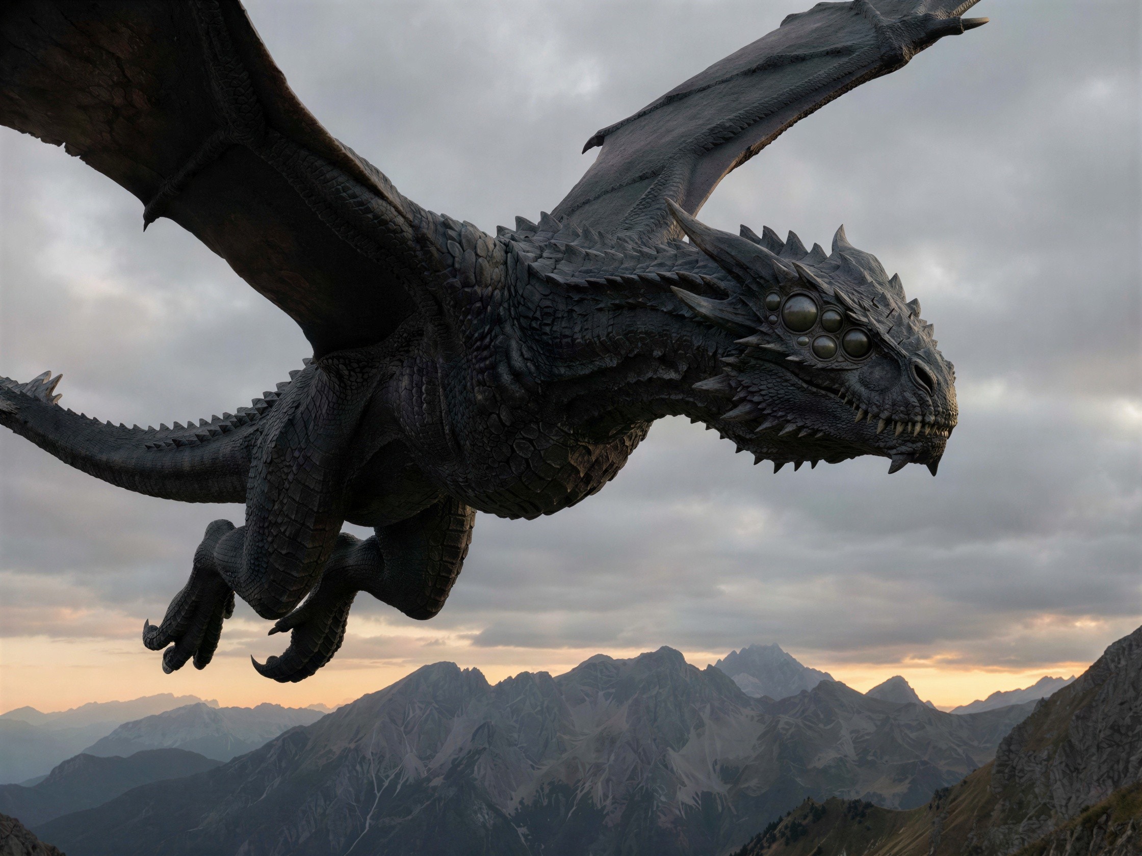 Colossal Black Dragon in Flight with Detailed Features