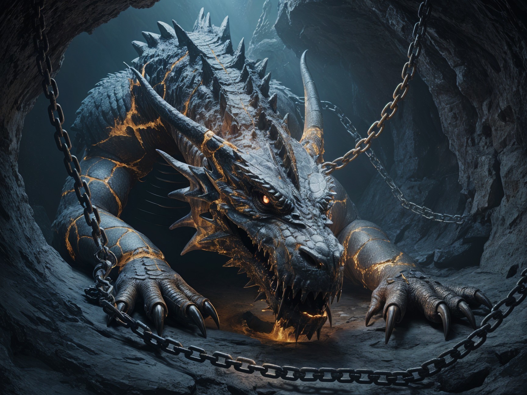 Majestic Dragon with Glowing Scales in Dark Cave