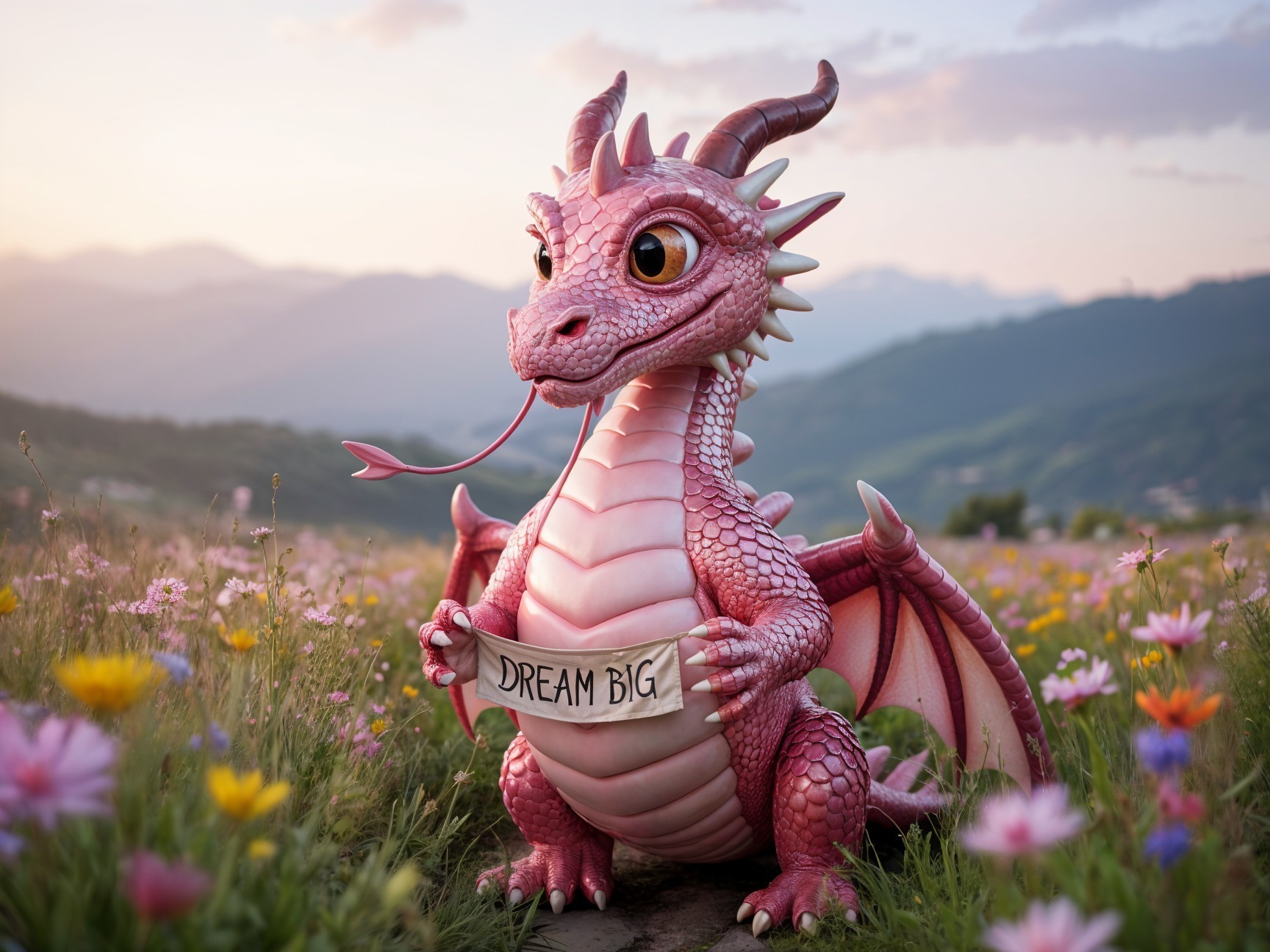 Whimsical Pink Dragon in Colorful Wildflower Scene