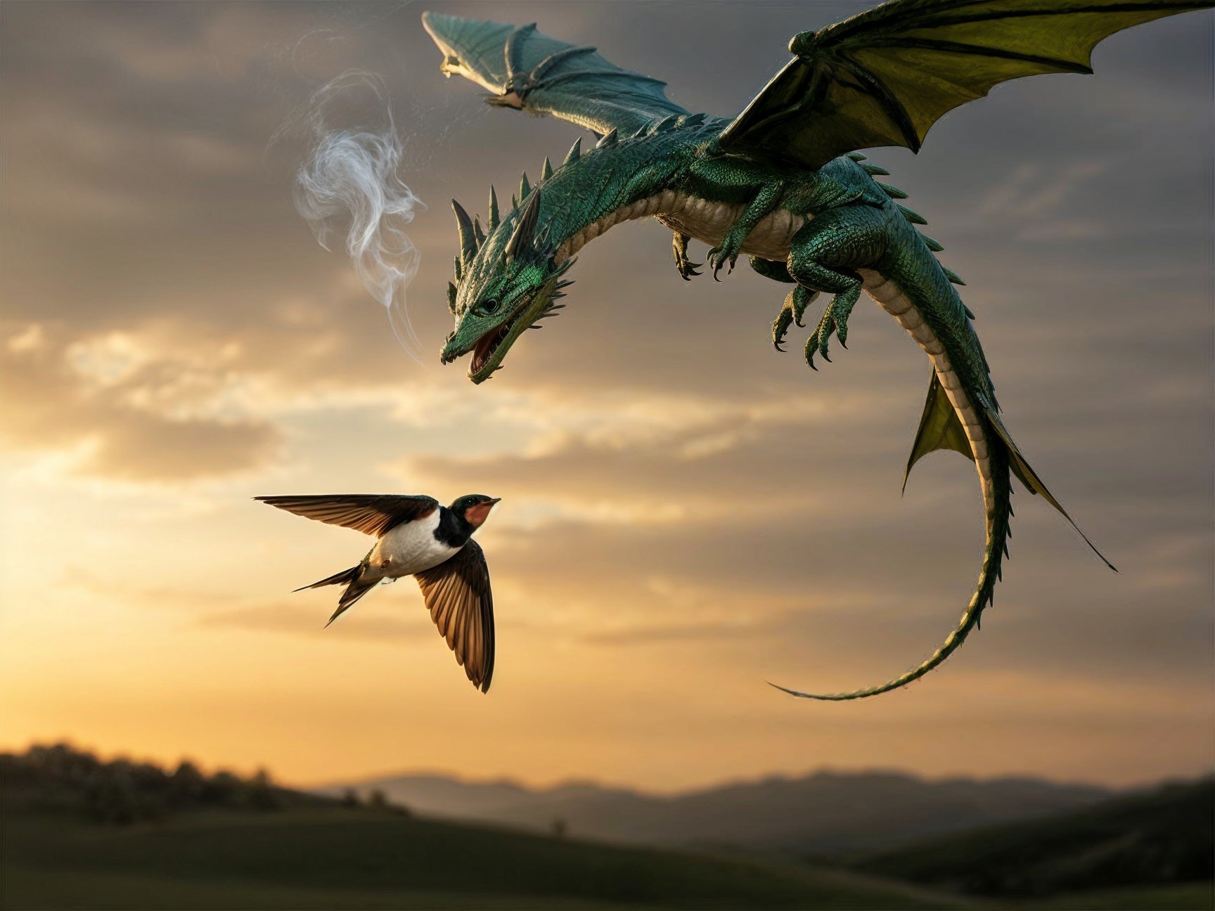 Majestic green dragon flying at sunset with swallow
