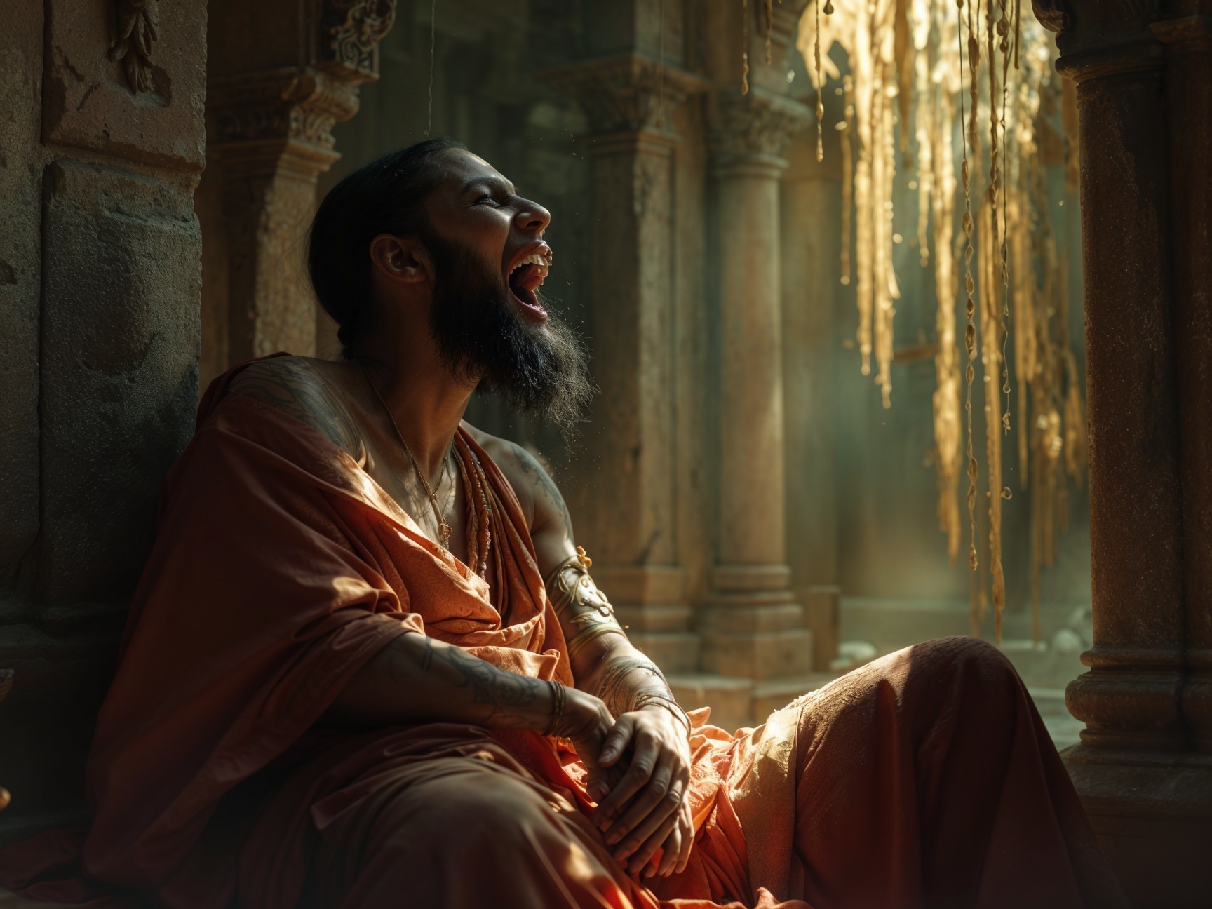 Man in Orange Robe Laughs in Ancient Stone Setting