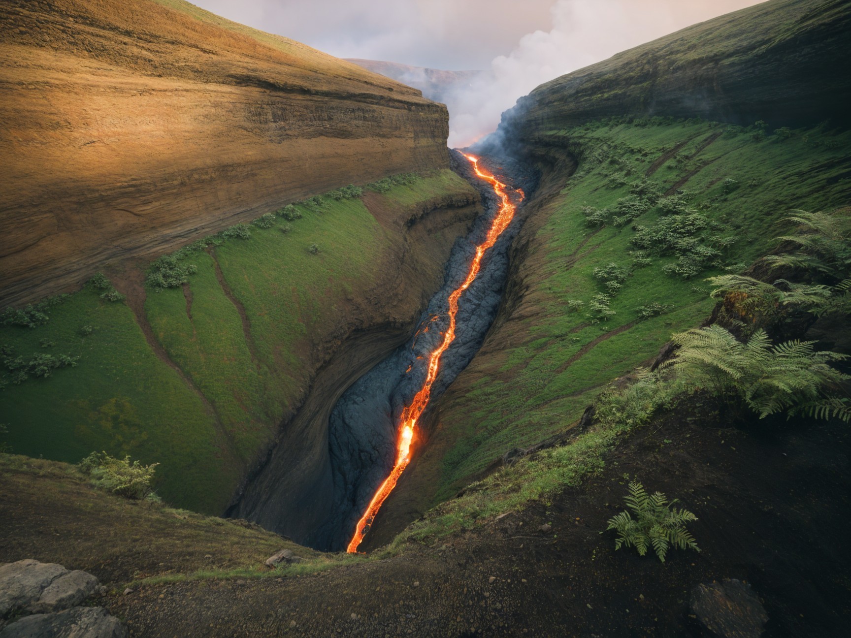 Narrow Canyon with Flowing Lava and Green Cliffs