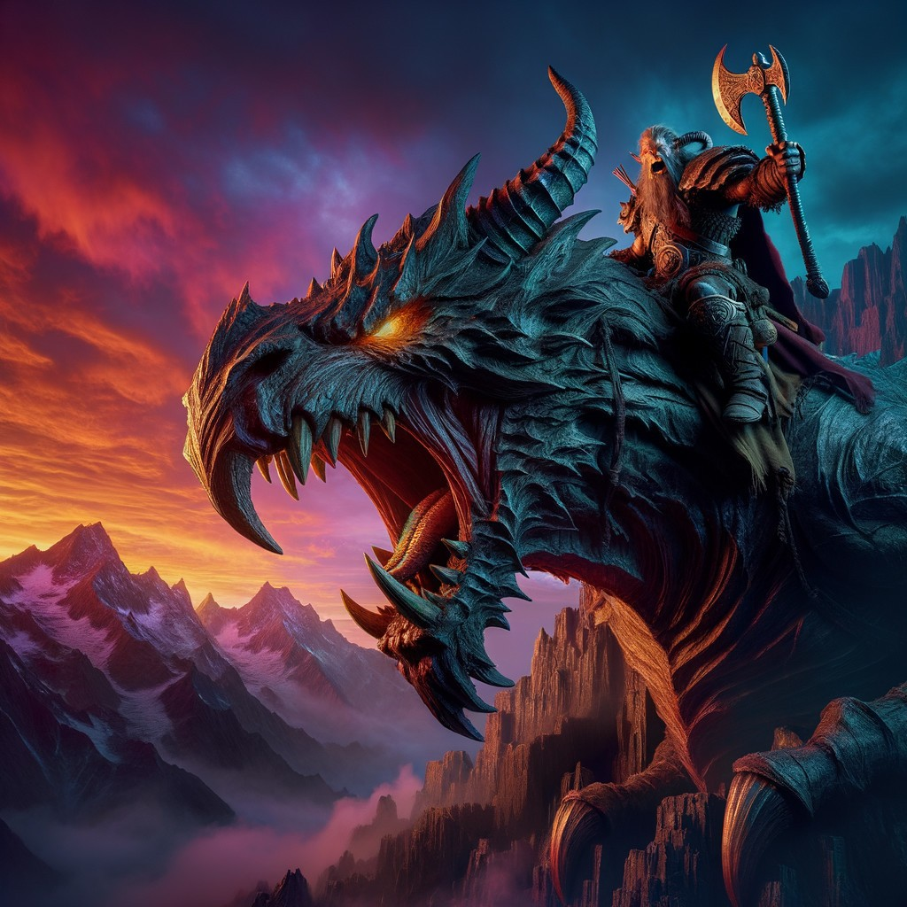 Warrior on Dragon Against a Sunset Sky Background