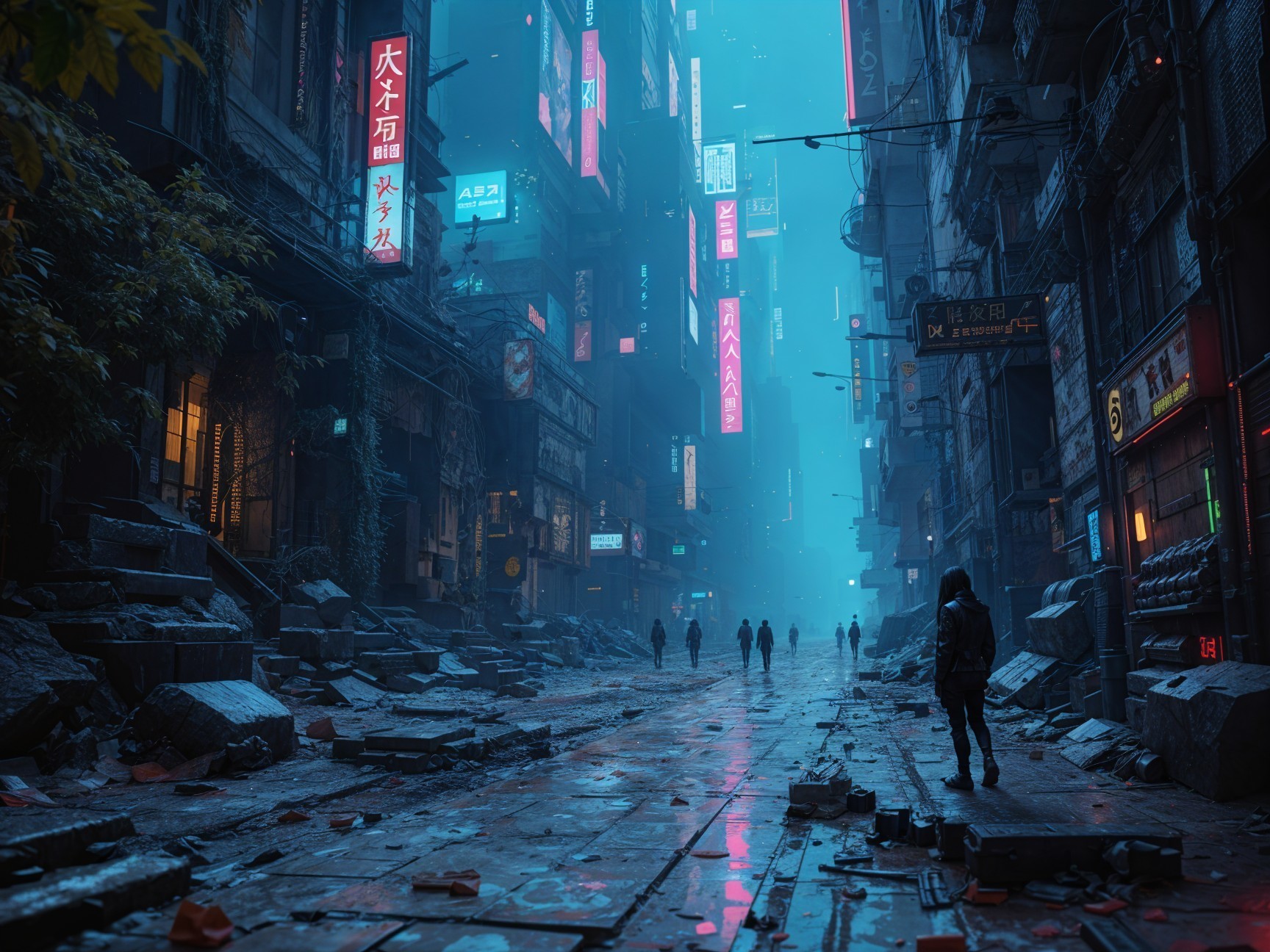 Futuristic Night Cityscape with Neon Signs and Fog