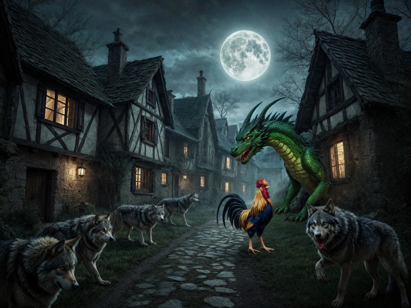 Moonlit Village with Dragon, Rooster, and Wolves