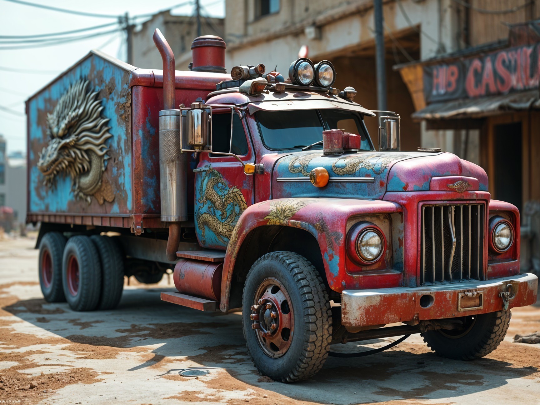 Vintage Red Truck with Dragon Artwork in Urban Setting