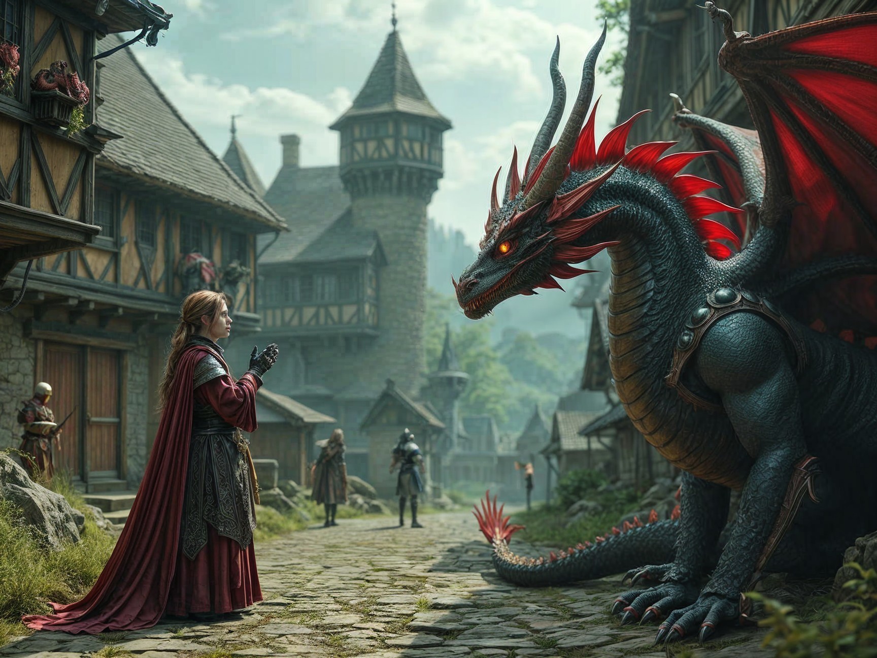 Medieval Village Encounter with Dragon and Woman