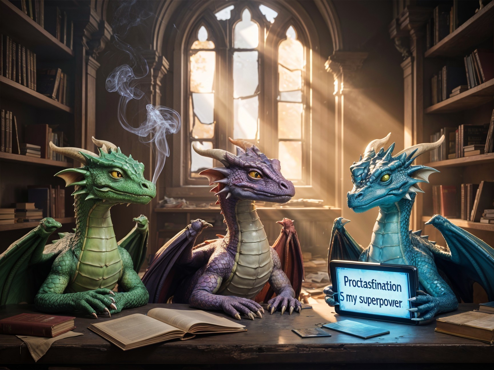Dragons in Library with Whimsical Procrastination Sign