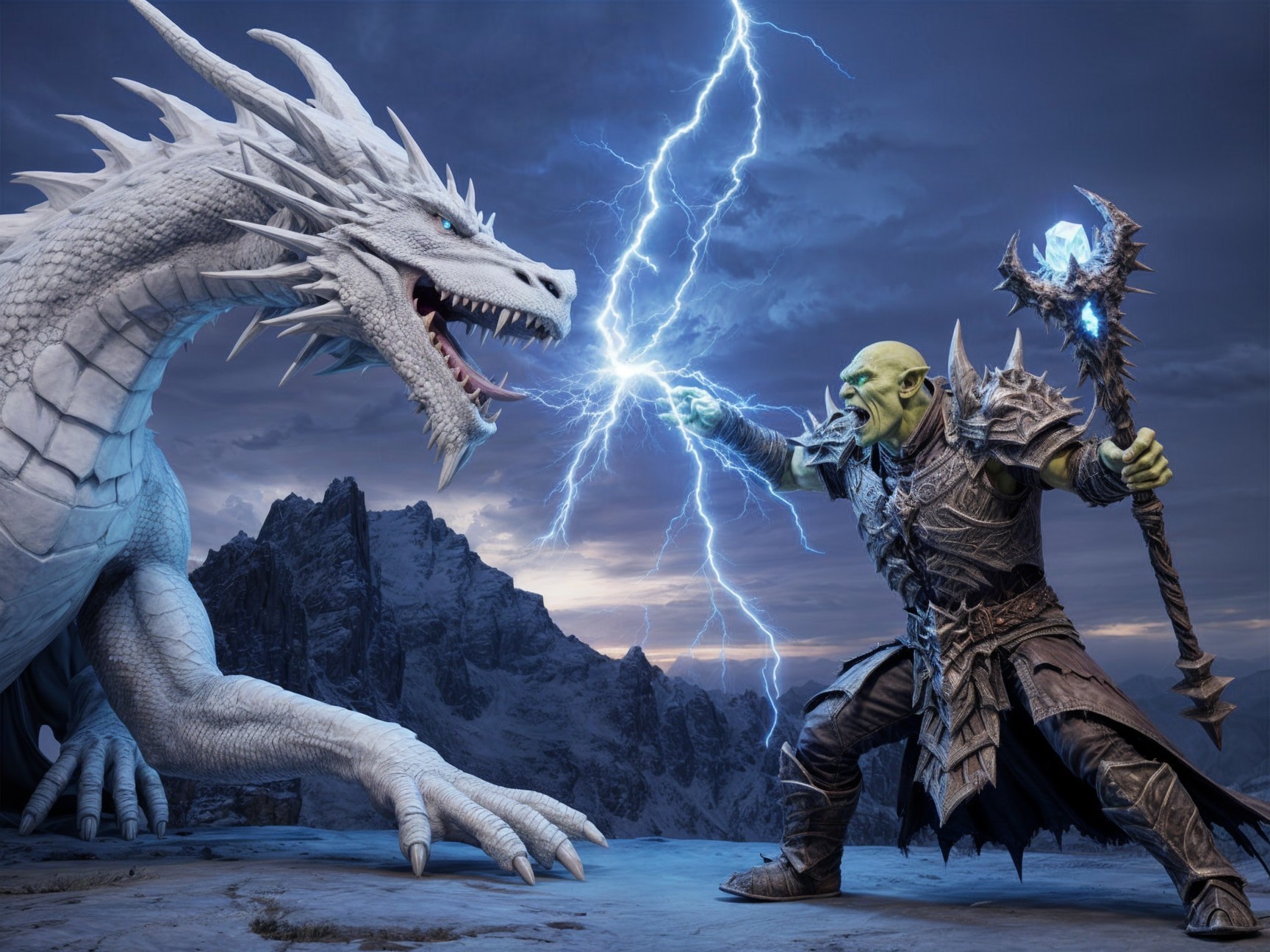 Orc Warrior Battles White Dragon in Epic Landscape