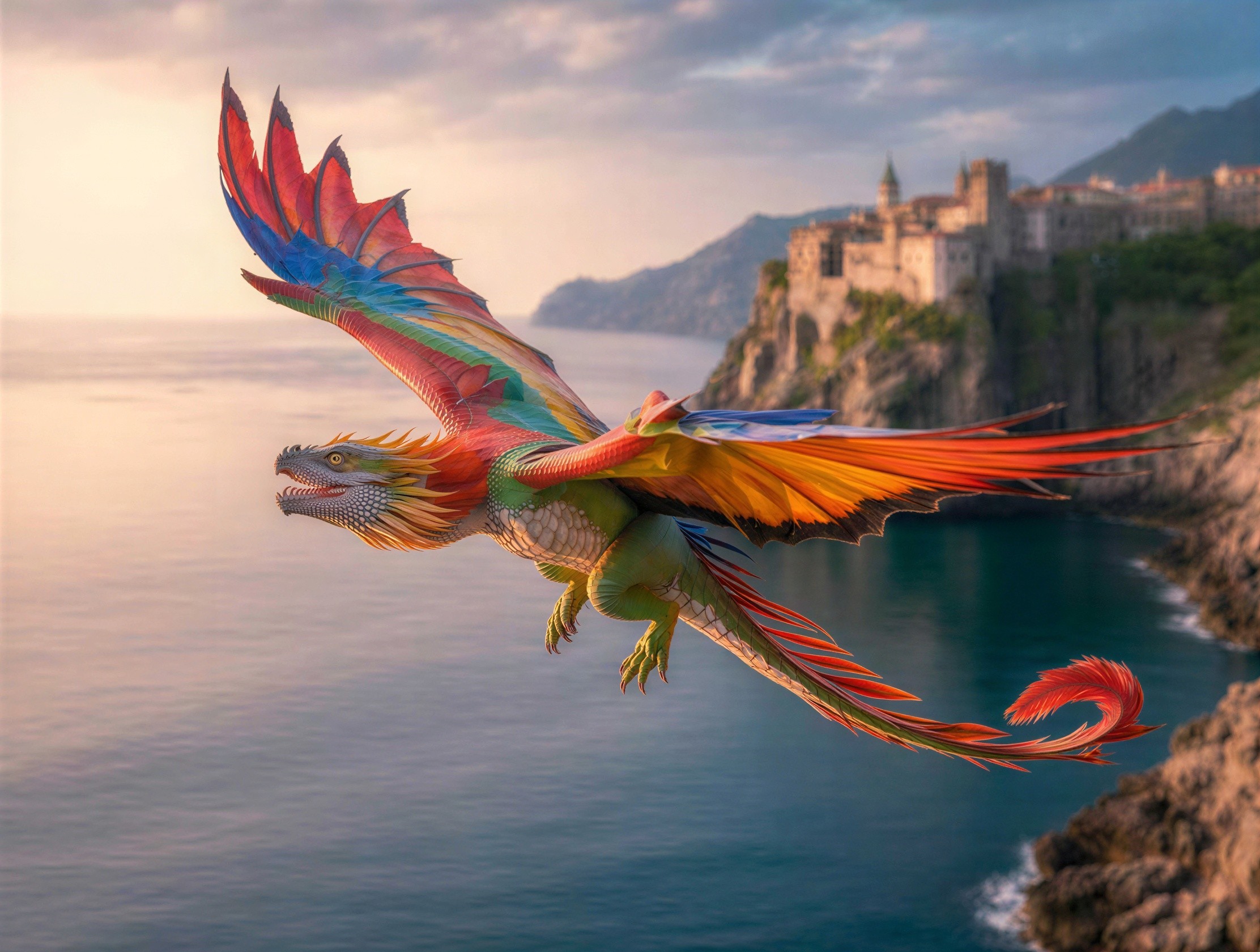 Colorful Macaw-Dragon Flying Over Ocean and Castle