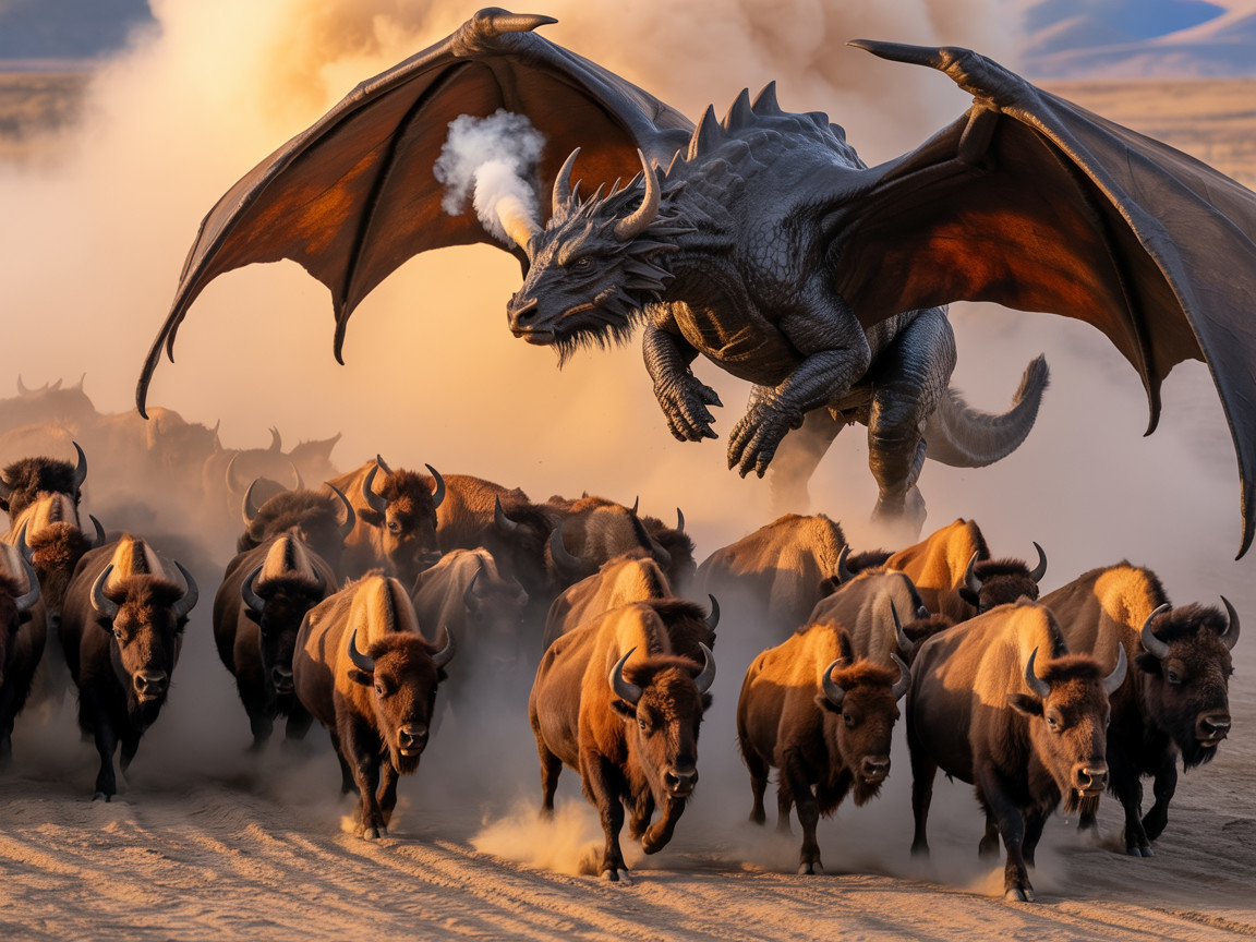Dragon Descends on Bison in Dusty Landscape
