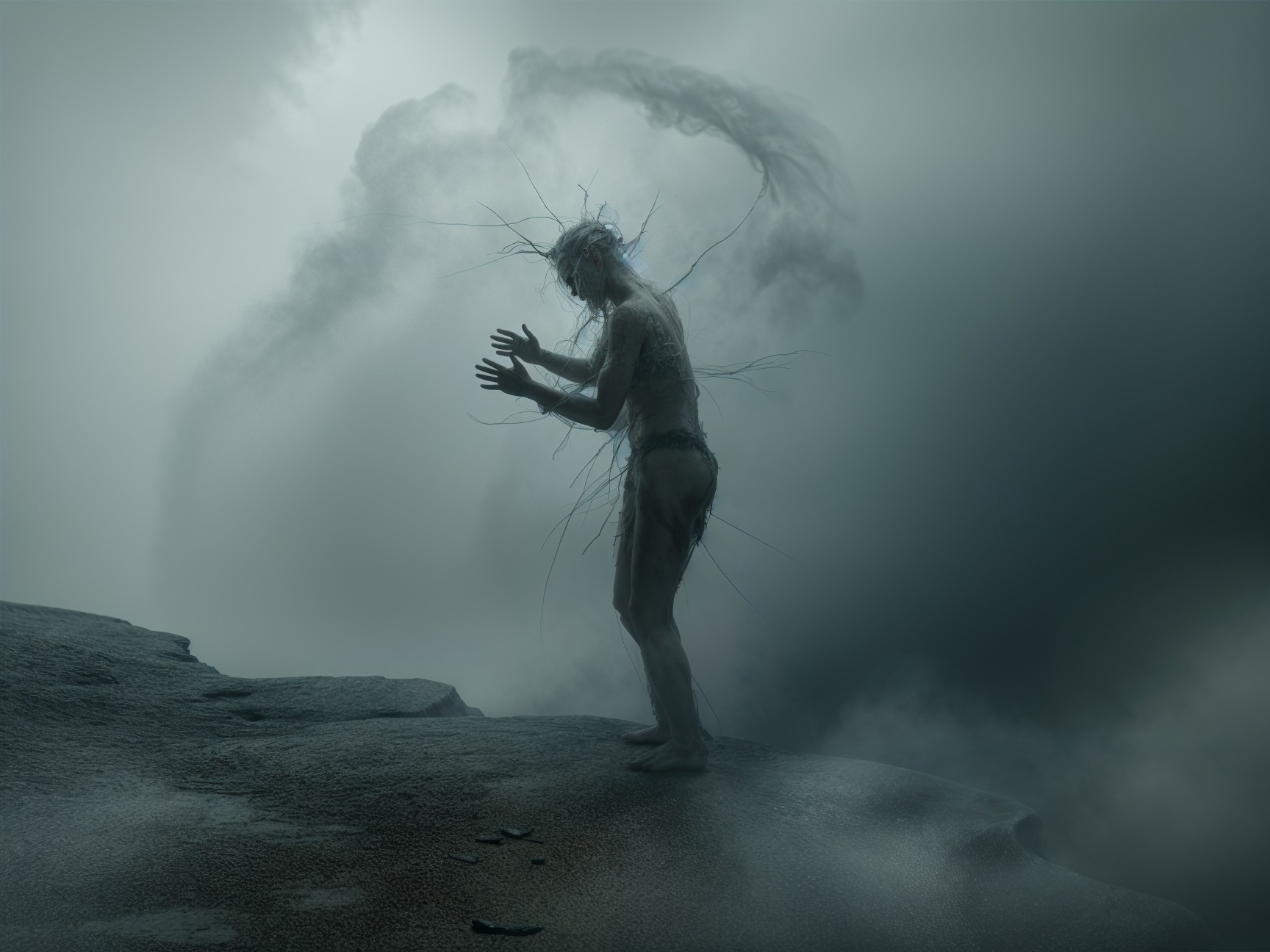 Ethereal Figure Surrounded by Mist and Shadow