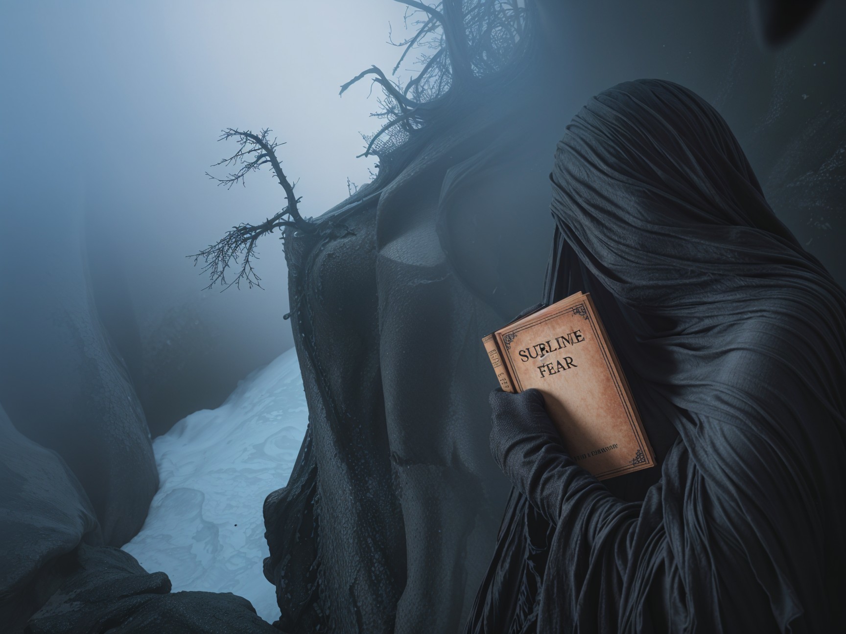 Cloaked Figure in Misty Landscape with Old Book