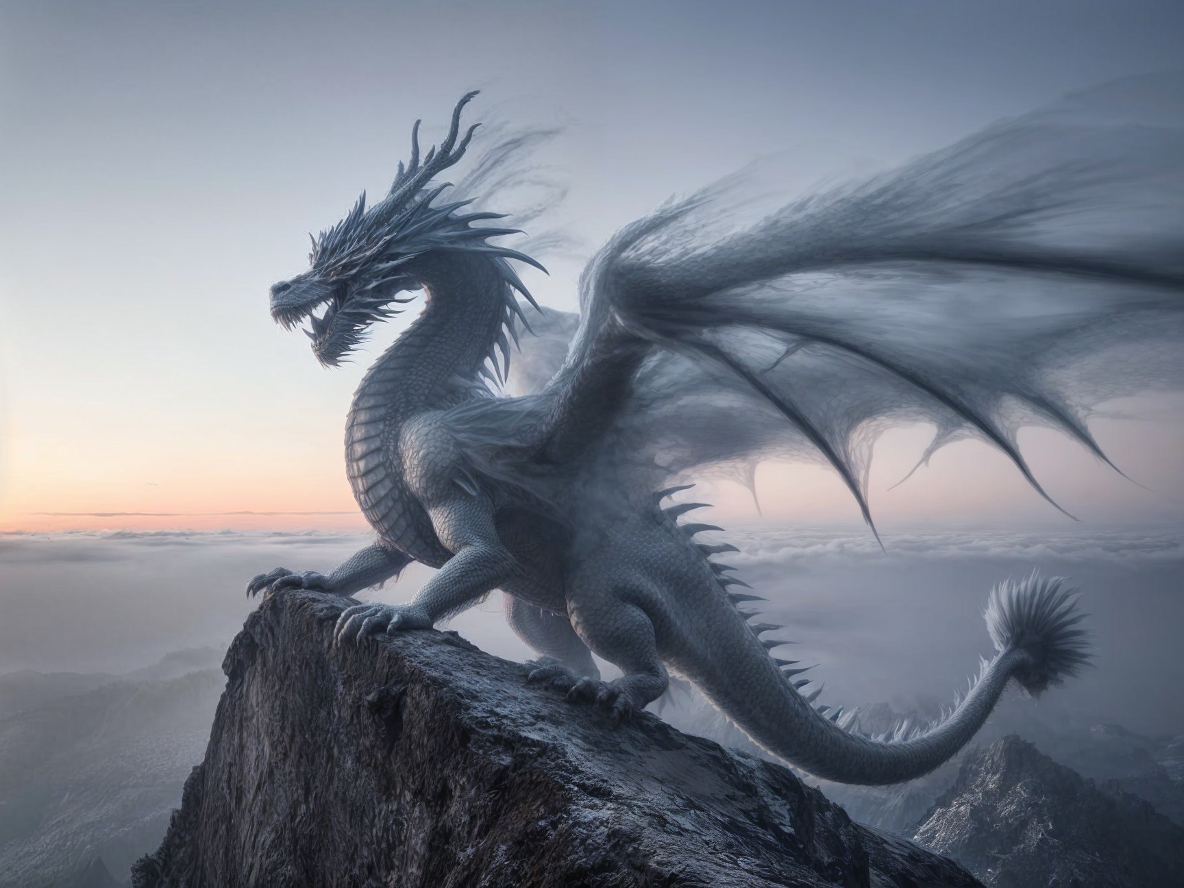 Majestic dragon on rocky peak at dawn sky