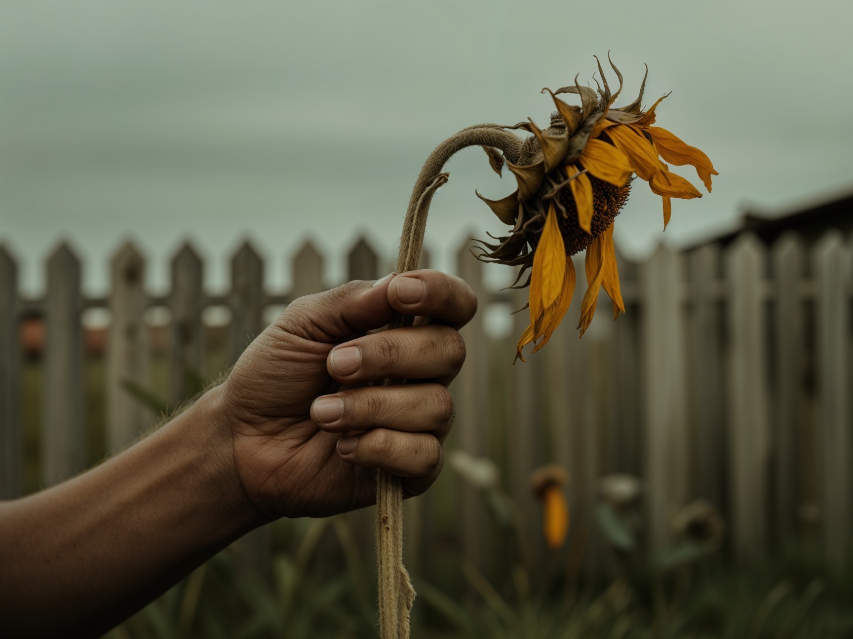 Wilting sunflower against a rustic wooden fence