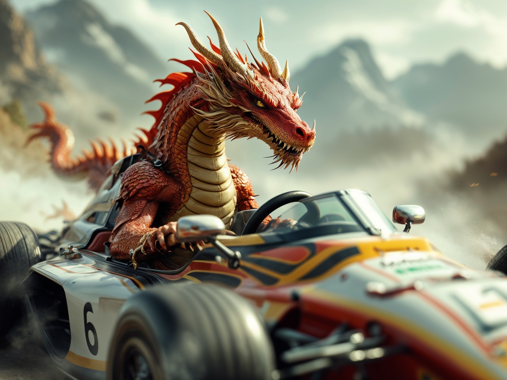 Red Dragon in Racing Car Against Mountain Backdrop