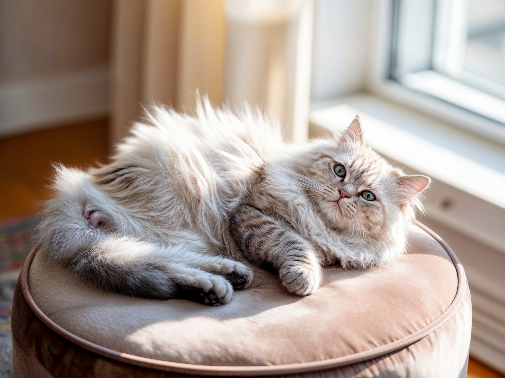 Fluffy Tabby and Silvery Cat Relaxing by Window