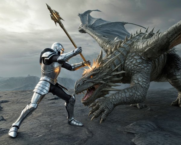 Knight and Dragon Clash in Dramatic Landscape Scene