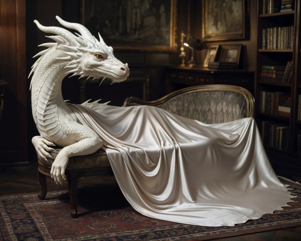 Majestic White Dragon on Vintage Chaise Longue