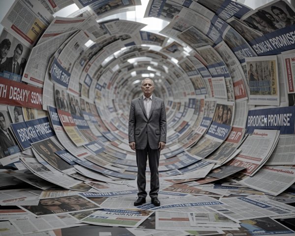 Man in Suit Surrounded by Vortex of Newspapers