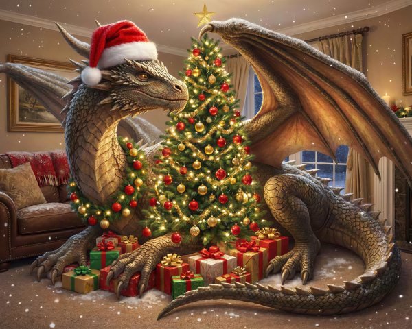 Dragon in Santa Hat in Festive Living Room Scene