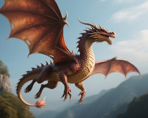 Majestic Red Dragon in Flight Against Blue Sky