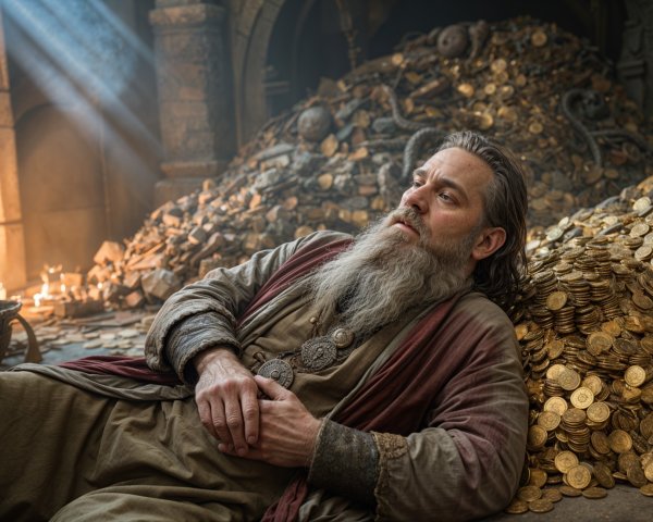 Bearded Man Surrounded by Gold Coins and Treasures