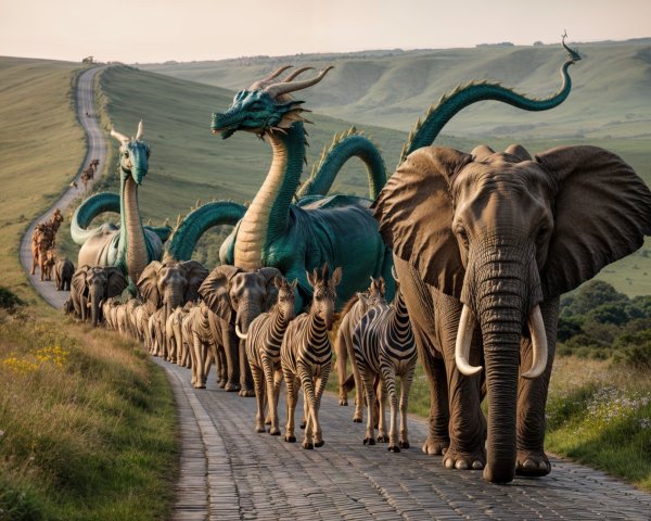 Majestic Animal Procession on a Winding Road