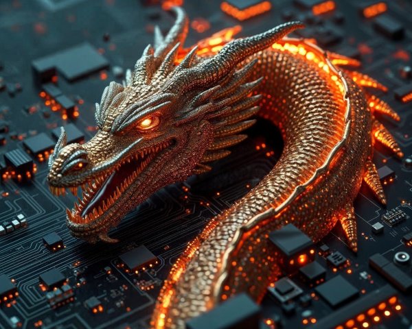 Intricately Designed Dragon on Circuit Board Background