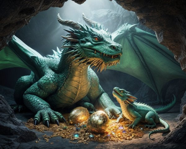 Green Dragon Guards Treasure in Dimly Lit Cave