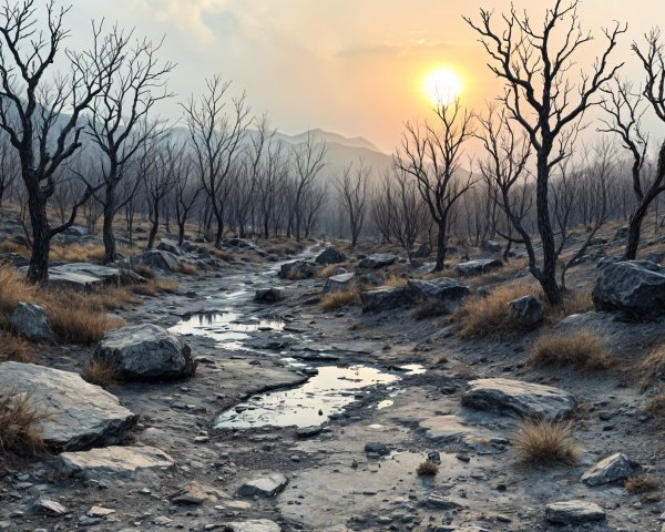 Desolate Landscape with Barren Trees at Sunset
