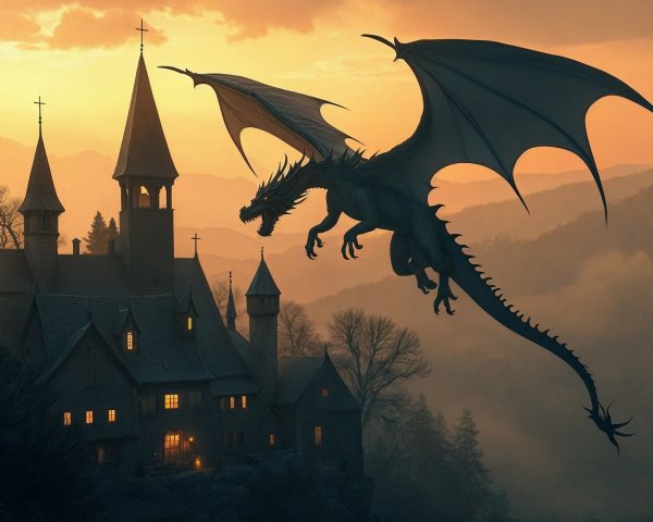 Dragon in Twilight Sky Over Enchanting Castle