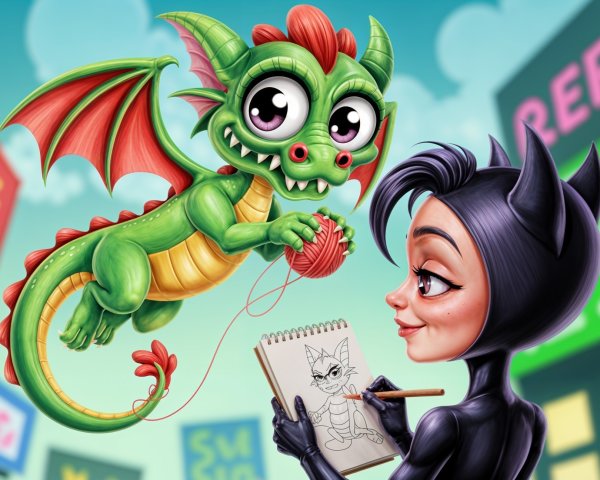 Whimsical Scene of a Dragon and Cat-Inspired Character