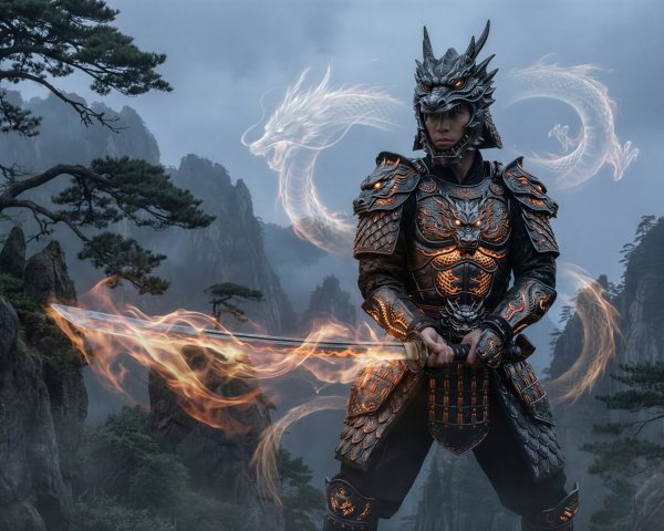 Samurai Warrior with Flaming Sword and Dragon Armor