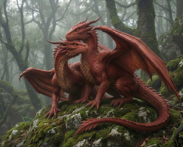 Regal red dragons in a mystical foggy forest setting