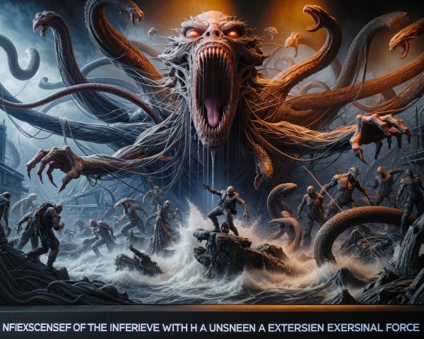 Monstrous Figure in Chaotic Dark Scene Depicting Horror