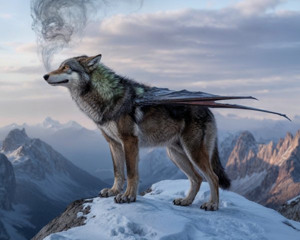 Wolf with Wings on Snowy Mountain Peak
