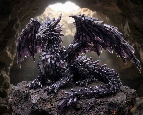 Amethyst Crystal Dragon Statue on Rock in Cave